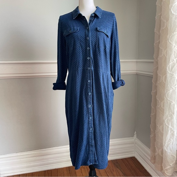 Boden Blue Button-Up Polka Dot Dress Denim look size 14 - Picture 1 of 13